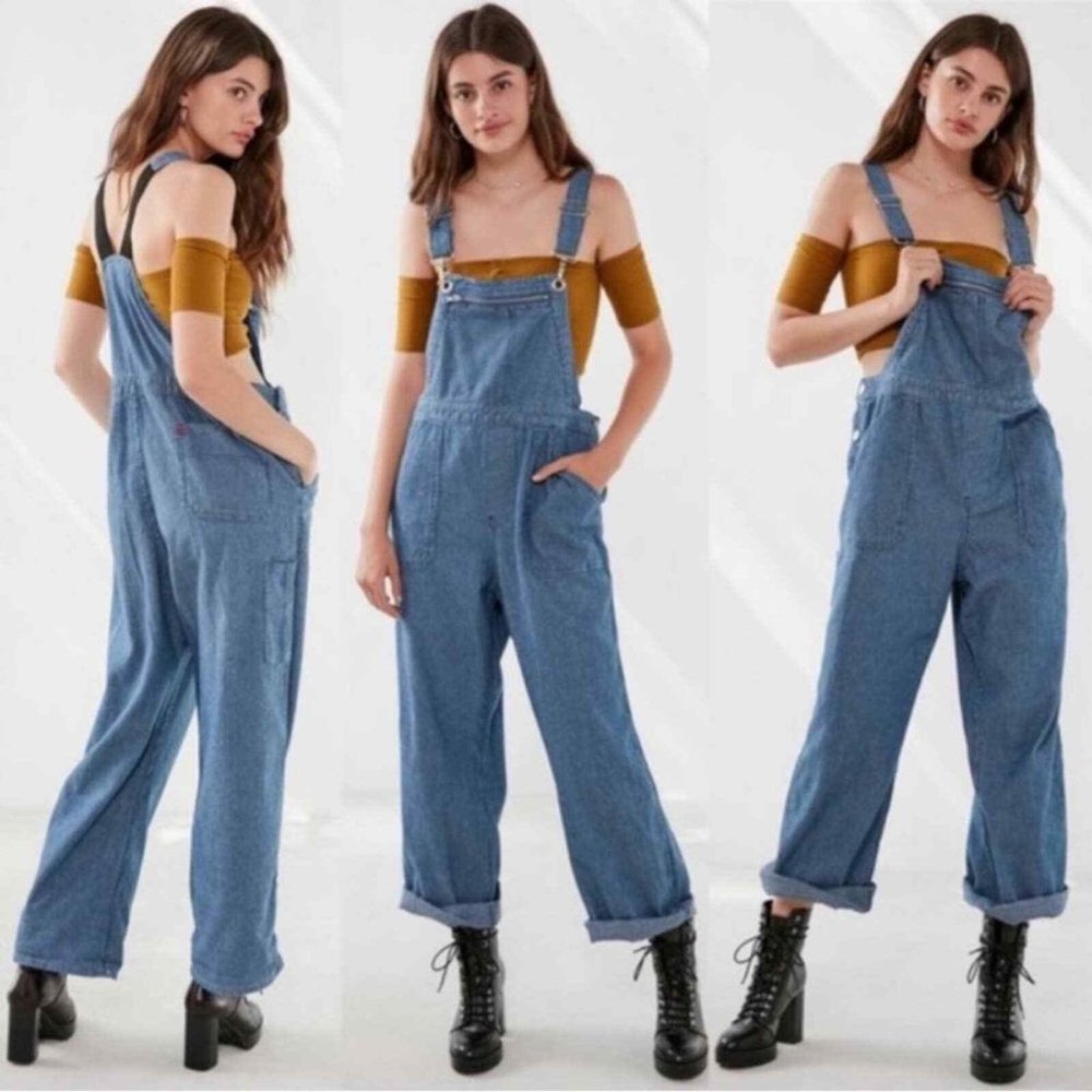 BDG Urban Outfitters train striped straight leg conductor denim bib overalls